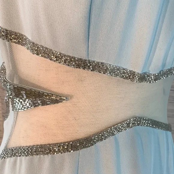 Peak Evenings Sky Blue Sleeveless Formal Evening Gown With Mesh Midriff. - Picture 12 of 15